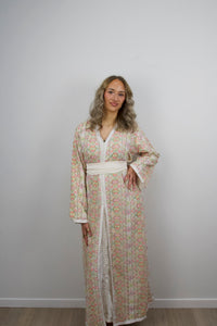 Caftan Rym — full-length ivory hand-embroidered caftan with matching belt, front view