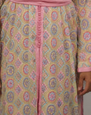 Caftan Yara — detail of the embroidered medallions, hand-set crystals and rose braided trim